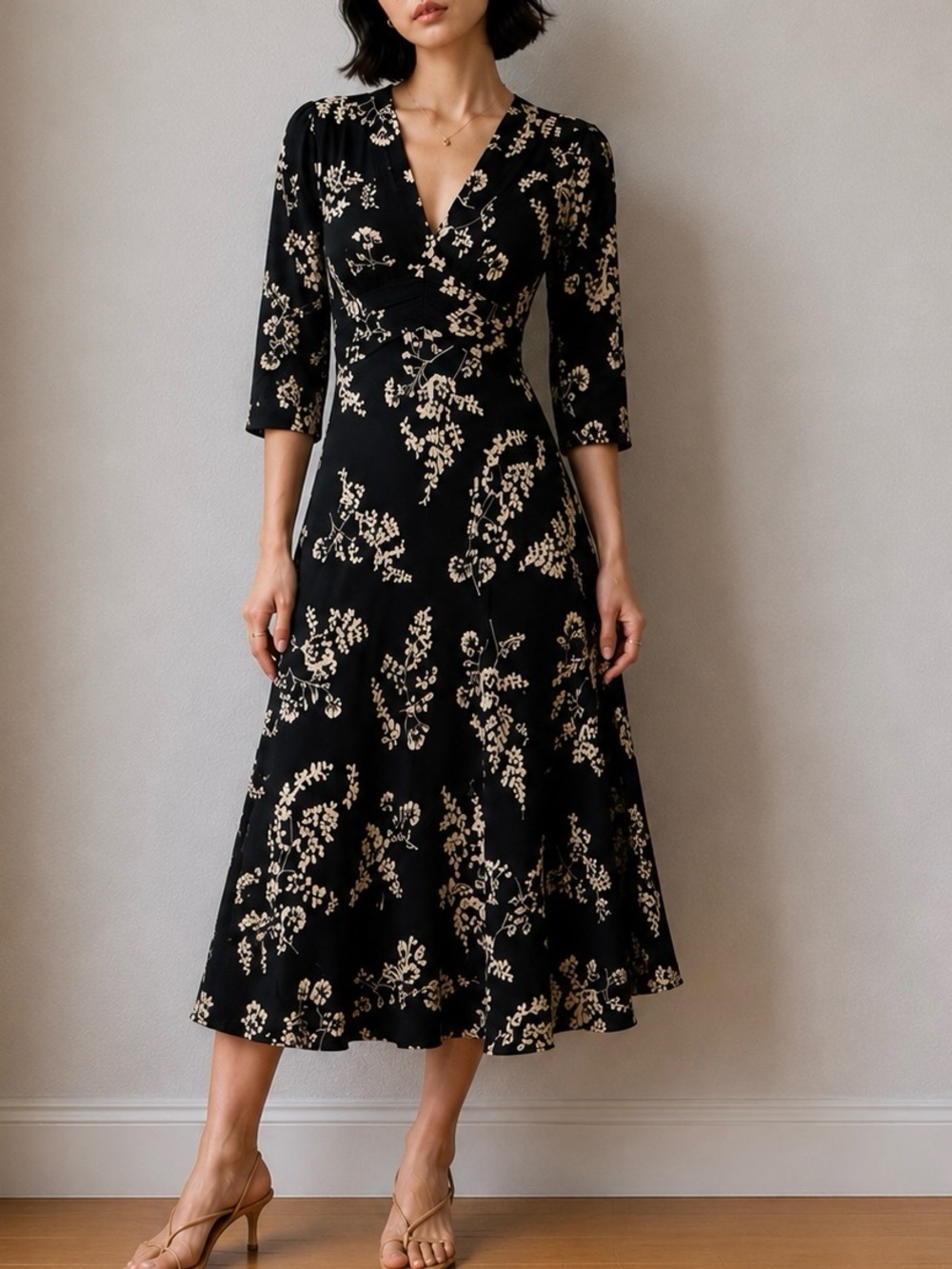 ba&sh SOA Black Floral Minimalist Romantic Midi Dress Sz 1